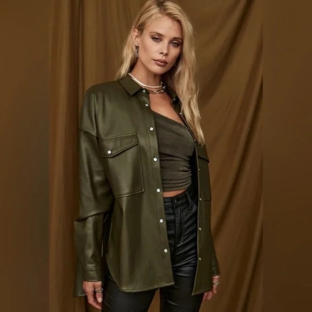12th Tribe Olive Green Faux Leather Shacket